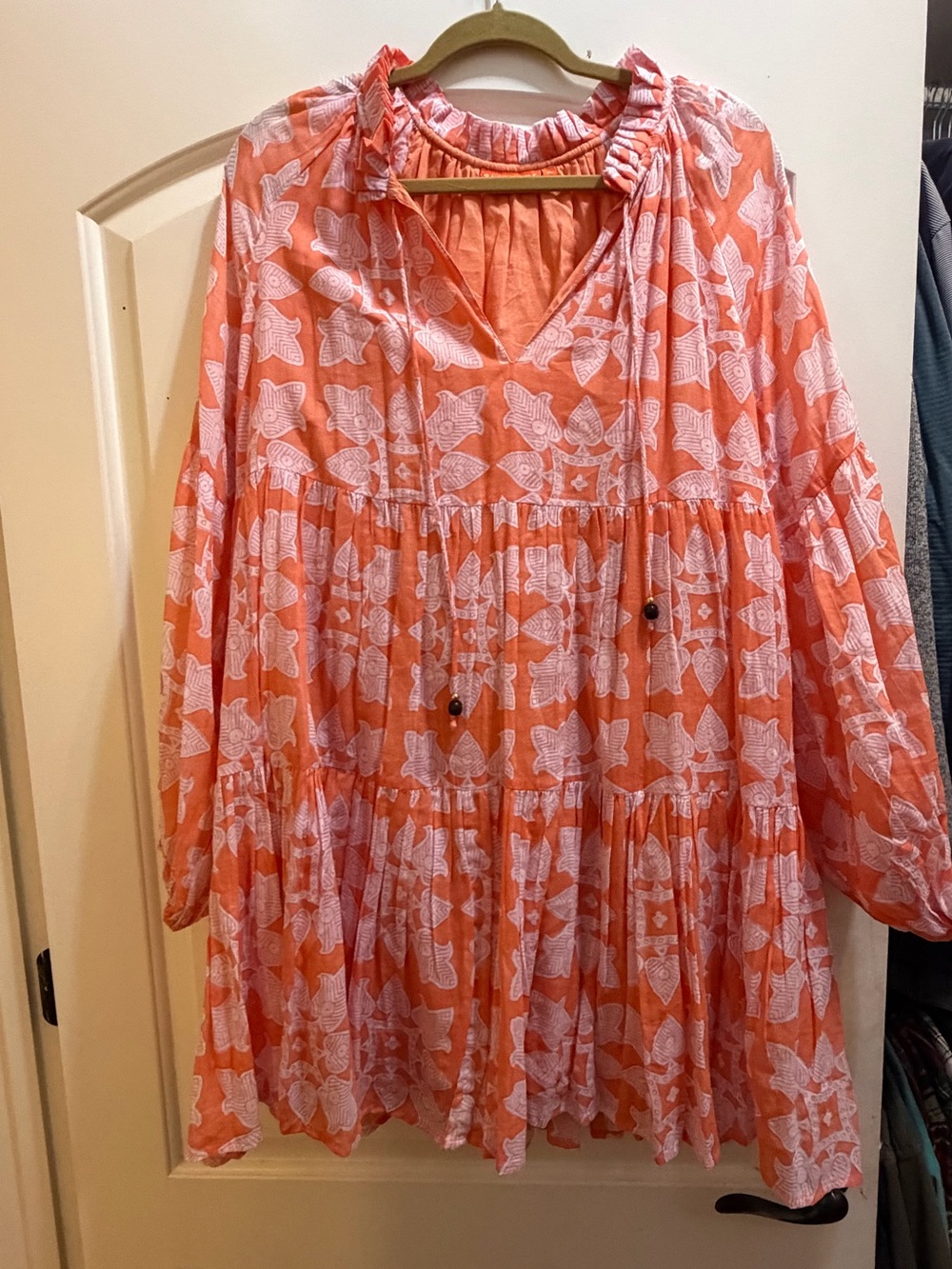 Oliphant Coral and White Printed Long Sleeve Tiered Dress